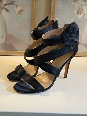 Nicole Miller Atelier Black Satin Strappy Stiletto Sandals with Bow